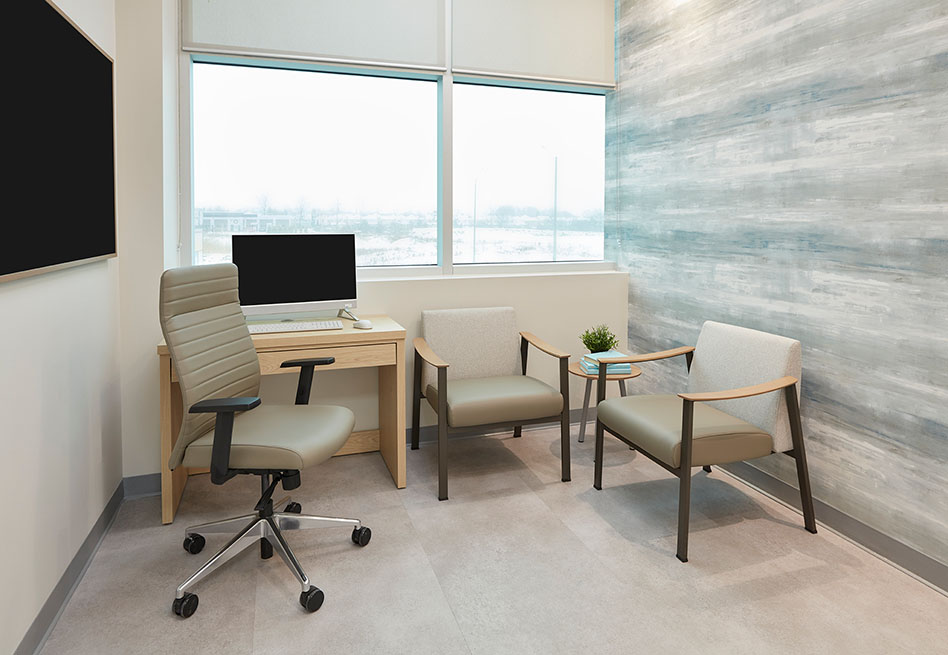 patient consultation room with neutral office seating